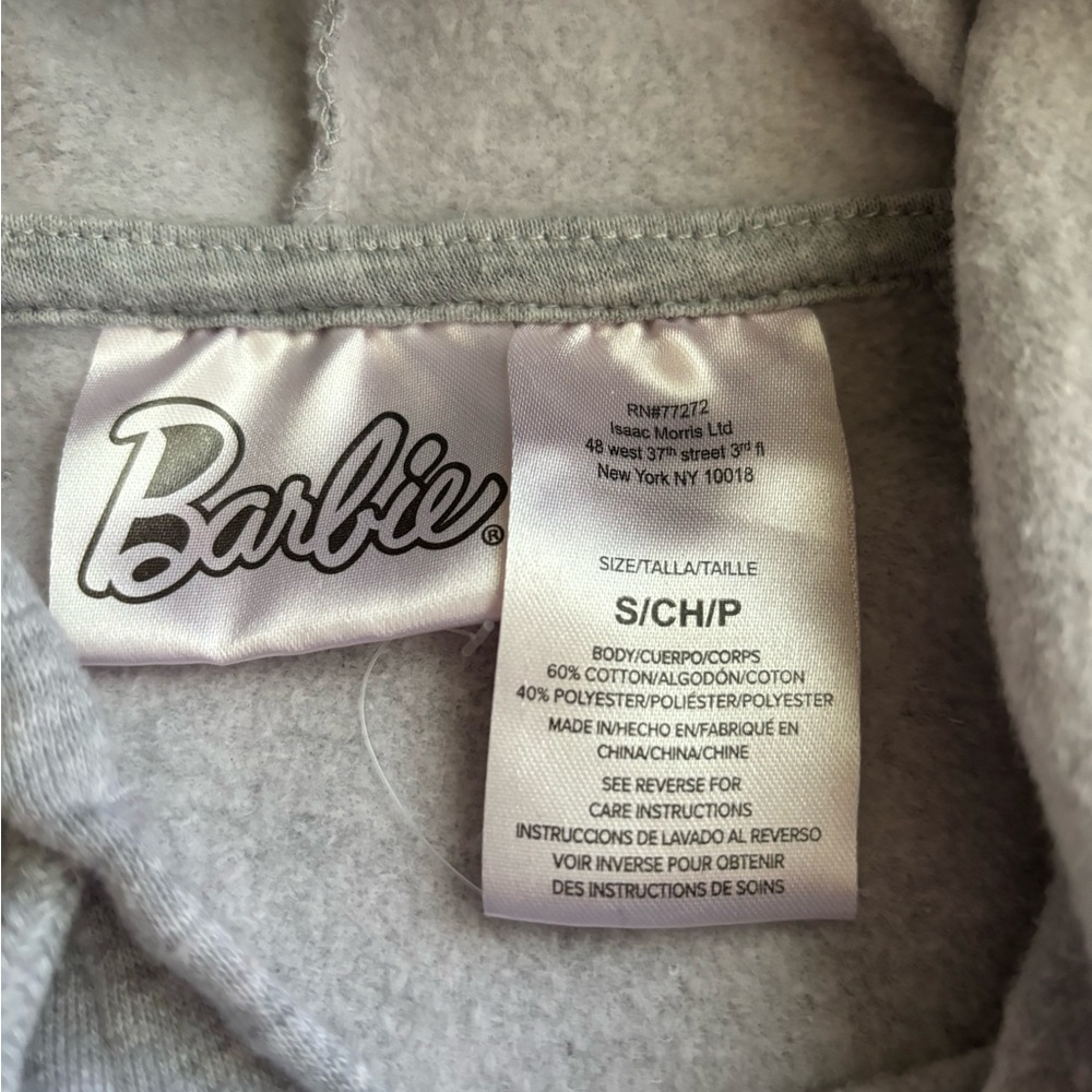 Barbie Hooded Sweatshirt Junior’s Small Grey Pink Hoodie Pocket Patch Logo - Picture 6 of 7